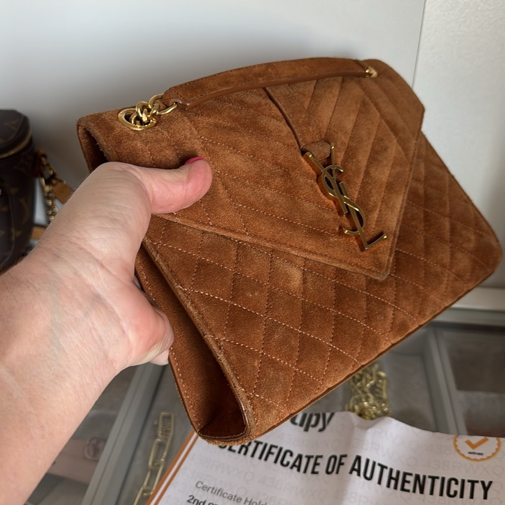 YSL Yves Saint Laurent Brown Suede Quilted Medium Envelope Handbag - Picture 14 of 16